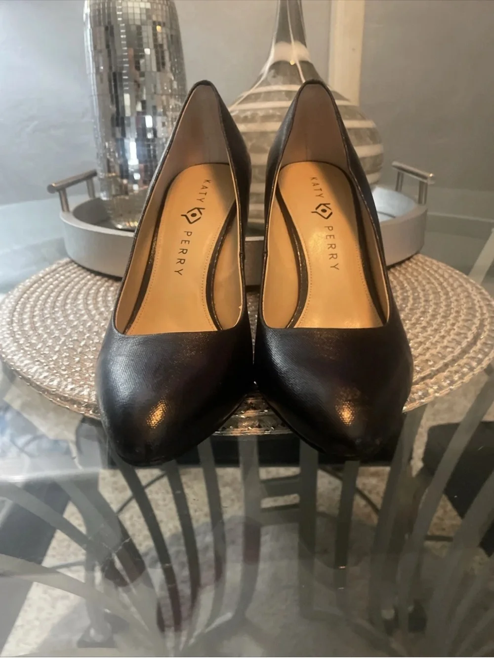Katie Perry The Mirra Black Pumps with Clear Lucite Block Heel 9.5